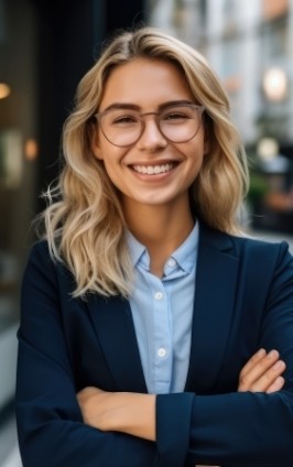 Woman in dress shirt and blazer smiling