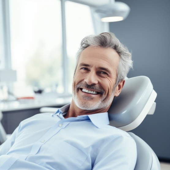 Smiling man leaning back in dental chair